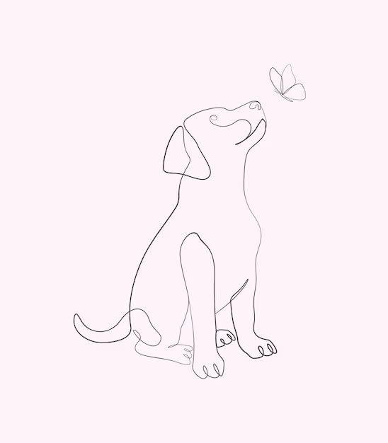 a drawing of a dog with a butterfly in its mouth