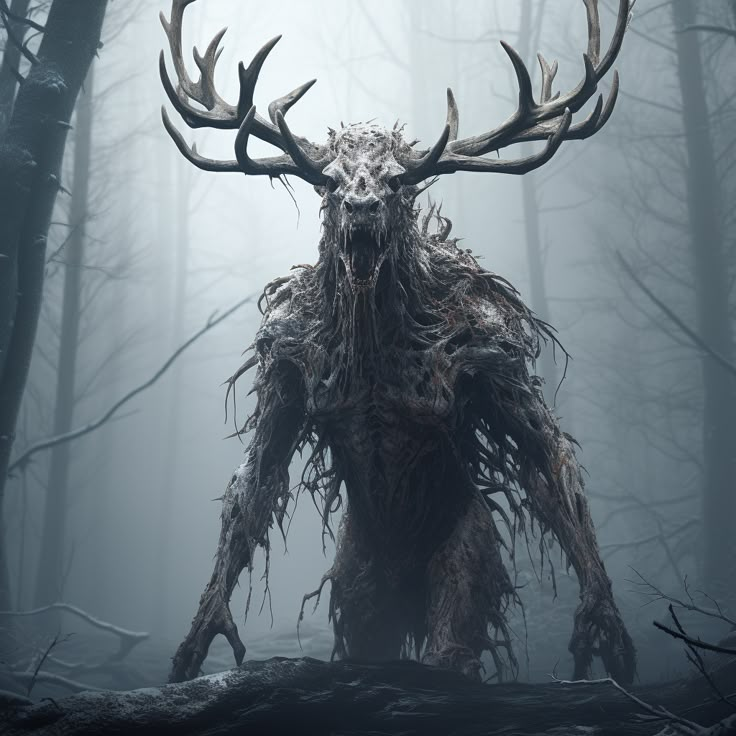 a very large horned creature standing in the middle of a forest