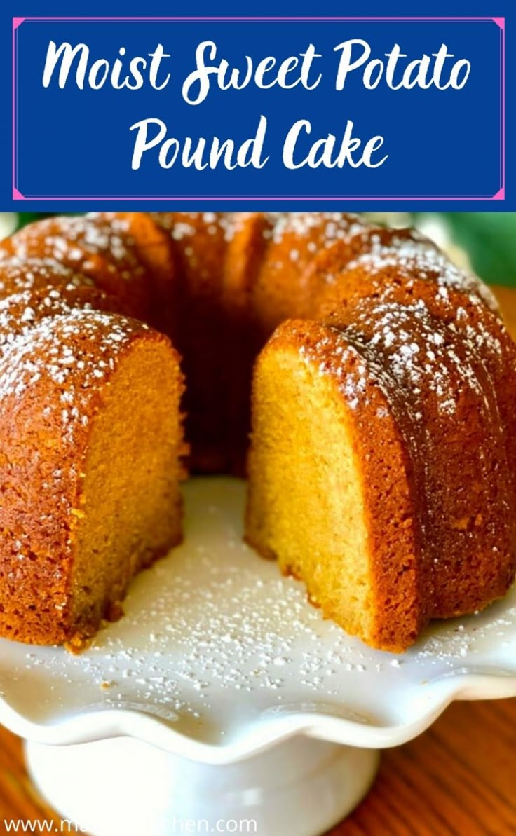 a bundt cake with powdered sugar on top and the words, most sweet potato pound cake