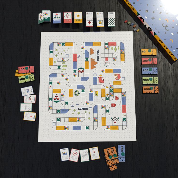 a board game with pieces laid out on the table and pencils next to it