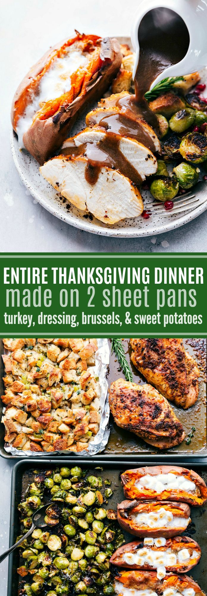 an image of thanksgiving dinner with turkey, brussel sprouts and sweet potatoes