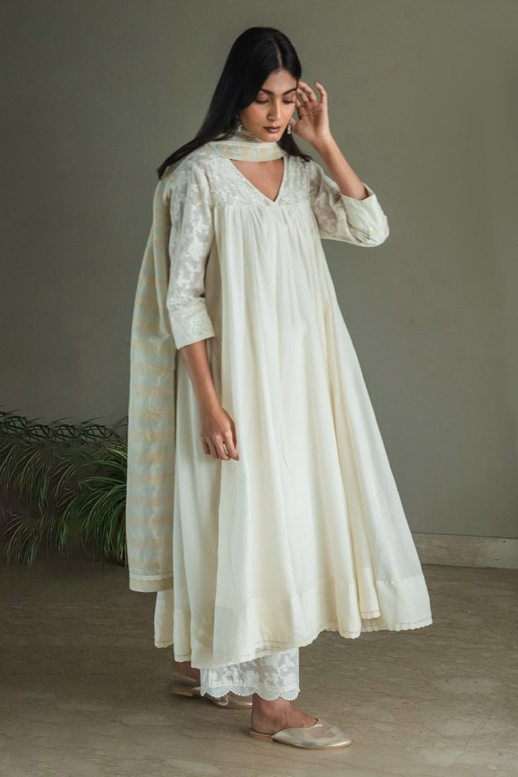 Shop for these amazing collections of Ivory Banarasi Jacquard Embroidery Sequin Yoke Anarkali And Palazzo Set For Women by Shorshe Clothing online at Aza Fashions.