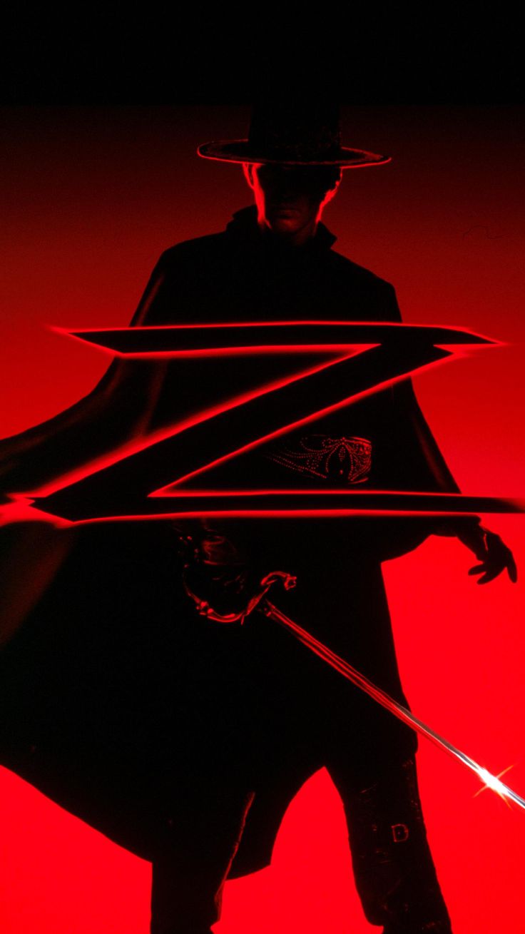 the silhouette of a man with two swords in his hand, standing against a red background