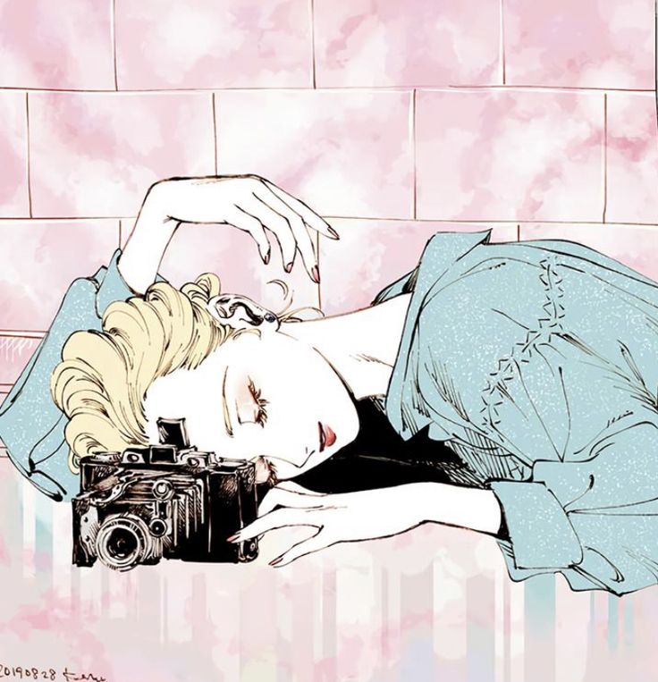 a drawing of a woman laying down with a camera in her hand and looking at the camera