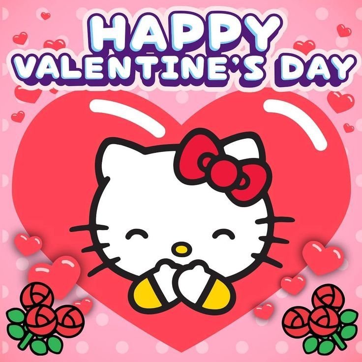 a hello kitty valentine's day card with roses and hearts in the shape of a heart