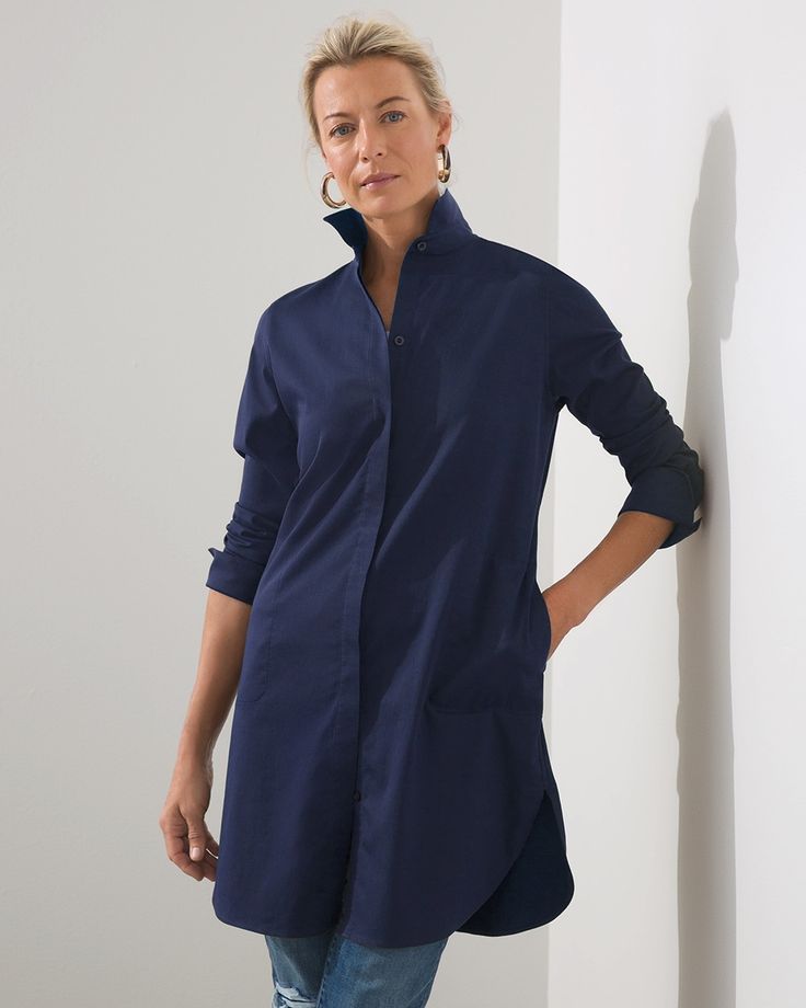 The newest look in our no-iron line-up, the no-iron pocket tunic gives you all the options in easy-care style. Made from wrinkle-resistant poplin fabric that has stretch for added comfort, you'll look flawless all day—no ironing necessary. This new tunic silhouette with on-seam pockets is beautifully tailored with a back pleat and side splits for ease of movement and tall cuffs with 3-button closures for a perfect fit that can be worn flipped, too. Wear this tunic on its own, buttoned up as a sh Tunic Outfit, Pocket Tunic, 2022 Christmas, 60 Fashion, Women Tunic Tops, Dresses Pants, Womens Designer Fashion, Tunic Shirt, Sweaters And Jeans