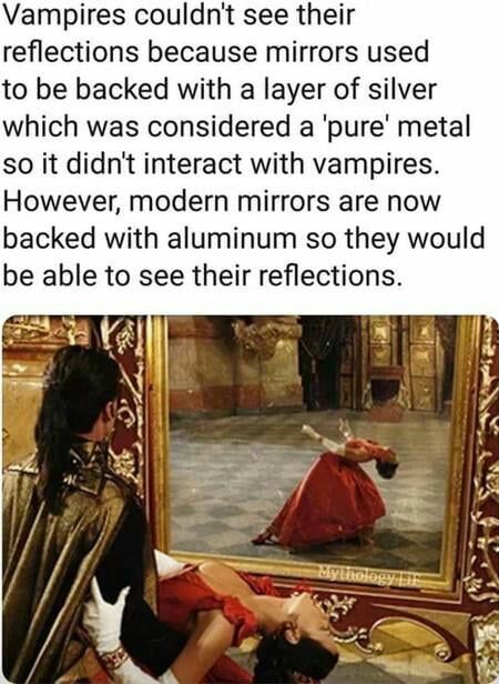 an image of a woman sitting in front of a mirror with the caption vampires couldn't see their reflections