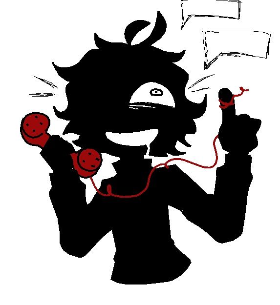 a black and white drawing of a devil holding two red balls in one hand while talking on the phone