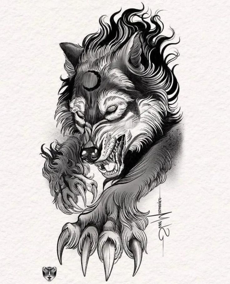 a drawing of a wolf with its mouth open and eyes closed, showing the teeth