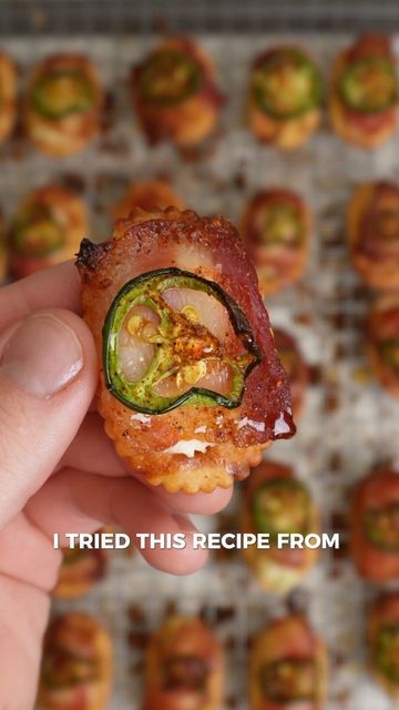 a person holding up a bacon and jalapeno roll with the words i tried this recipe from