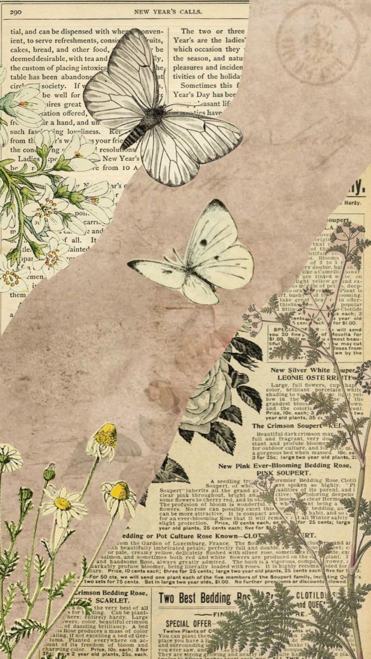 an old newspaper with flowers and butterflies on it