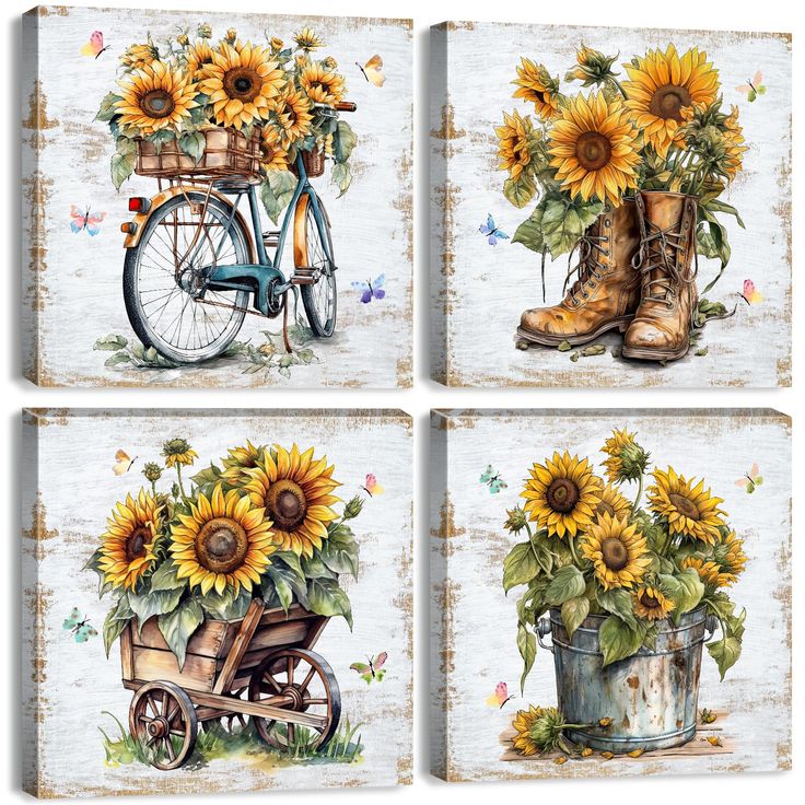 four pictures of sunflowers in boots and a wheelbarrow on a white background