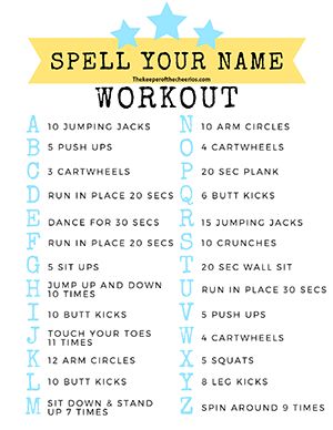 a printable workout poster with the words spell your name in blue and yellow on it