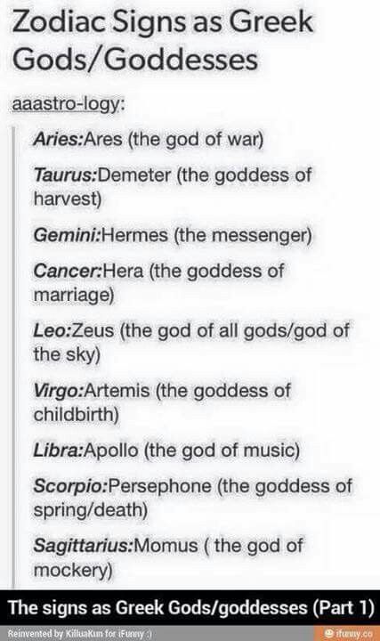 the zodiac signs as greek gods / goddesses part 1, with text below it