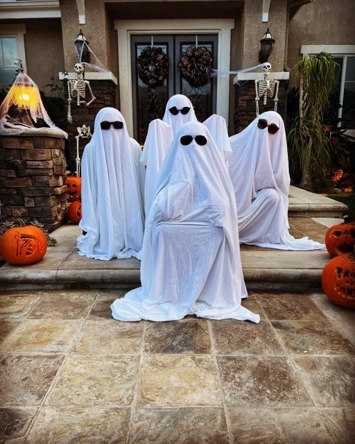 three ghost statues in front of a house decorated for halloween