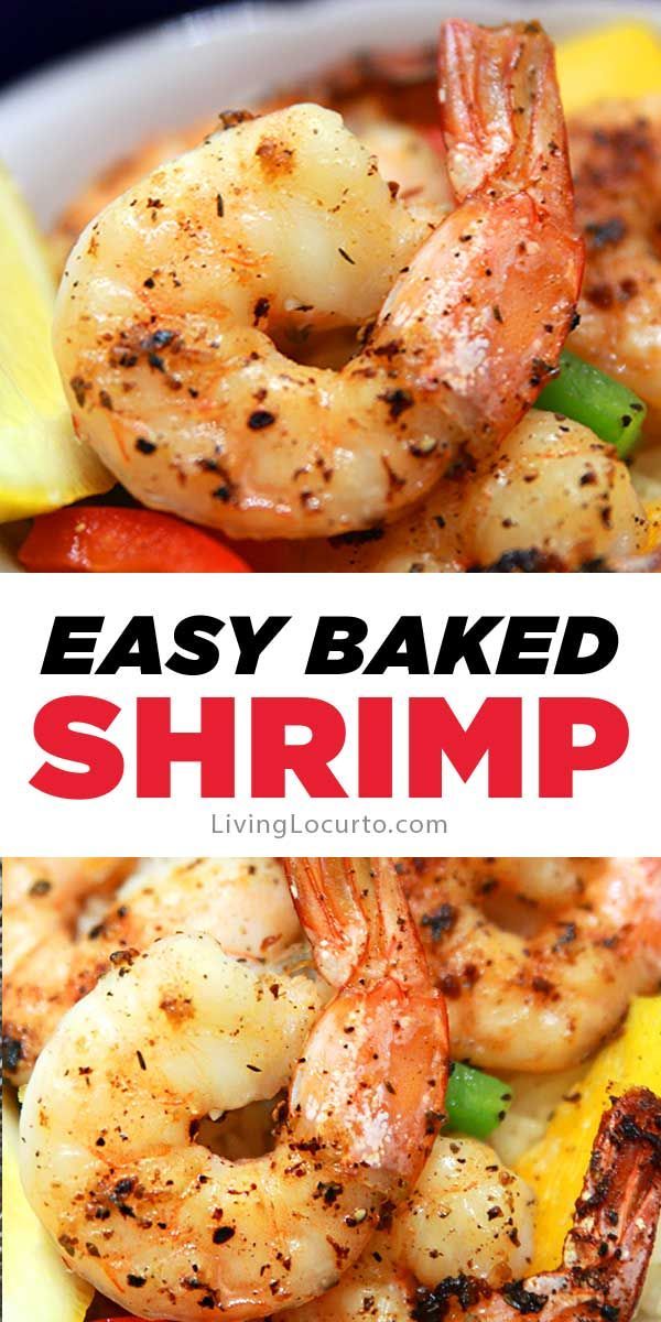 two pictures of shrimp and lemons with the words easy baked shrimp in red letters