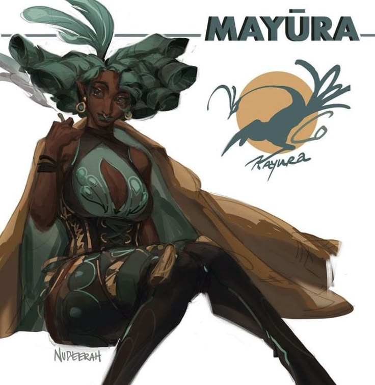 a drawing of a woman with green hair and an animal on her head, sitting in front of a sign that says mayura