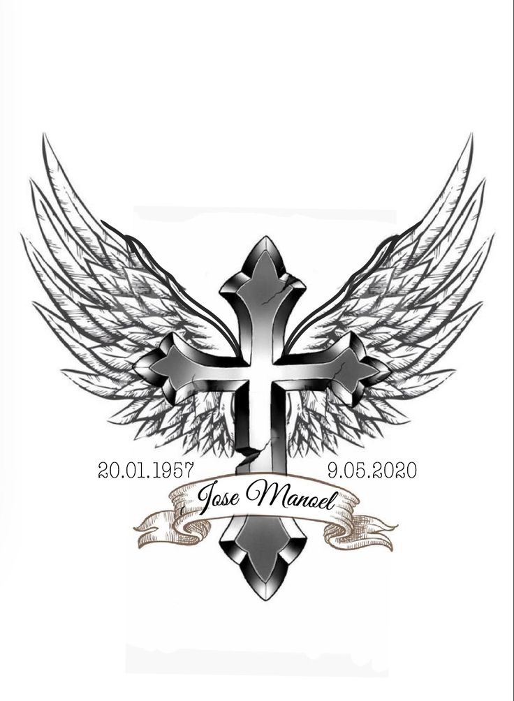 a cross with wings and banner on the side for an angel wing tattoo or t - shirt design