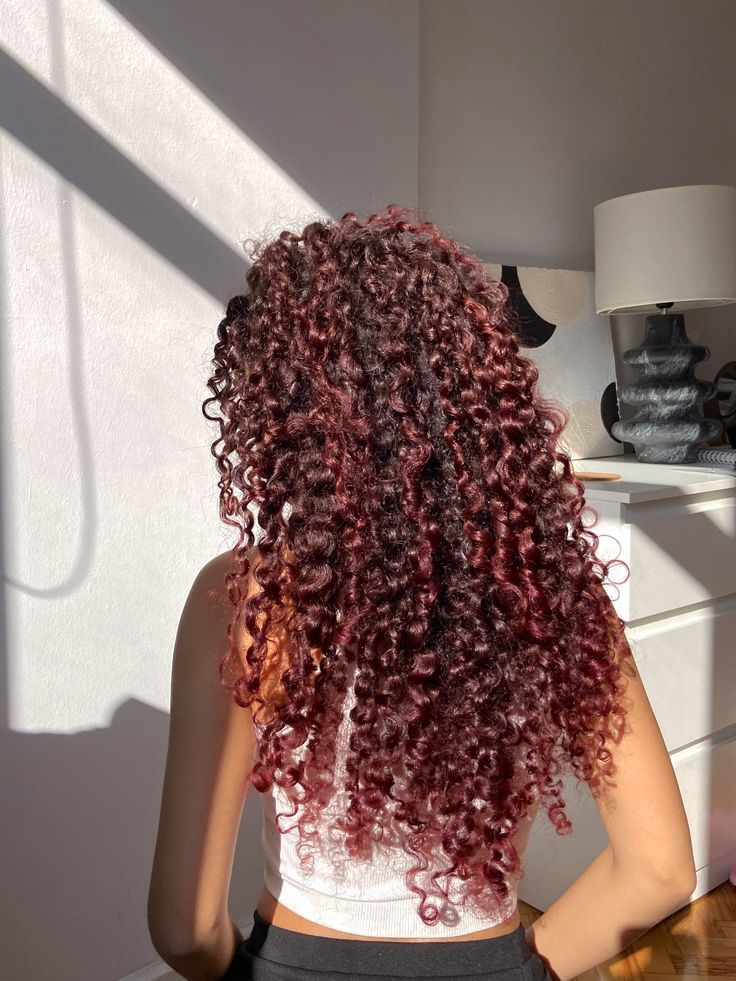 Red Color On Curly Hair, Curly Red Hair Highlights, Deep Red Hair Color Curly, Burgundy Curly Hair Highlights, Cherry Red Hair Curly Highlights, Cherry Red Curly Hair Black Women, Deep Cherry Red Hair Curly, Dark Red Highlights Curly Hair, Red Curly Hair With Highlights