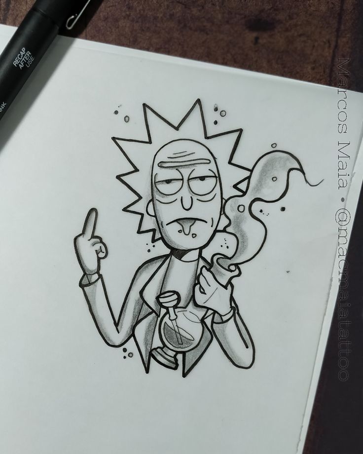 a drawing of a cartoon character holding a bottle and pointing to something in his hand