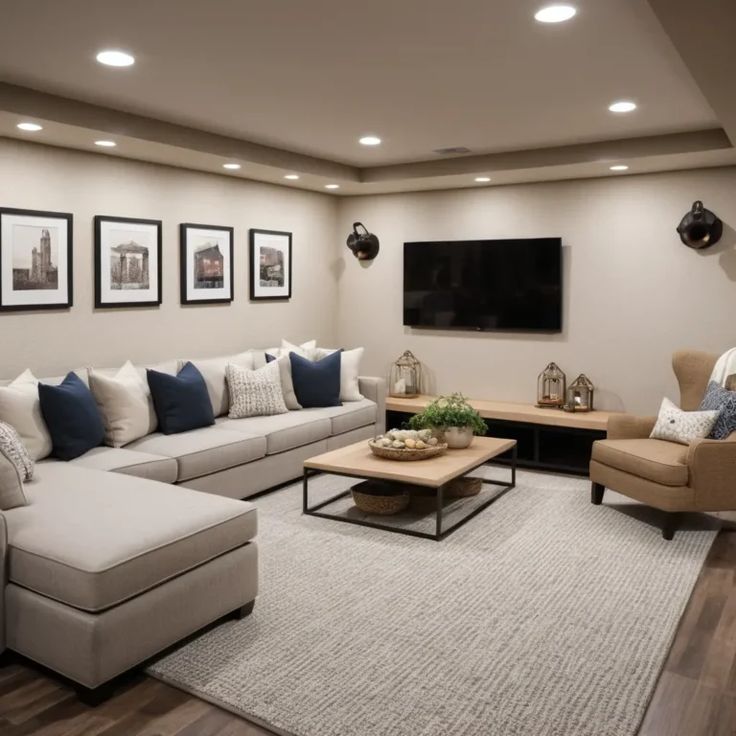 a living room filled with furniture and pictures on the wall