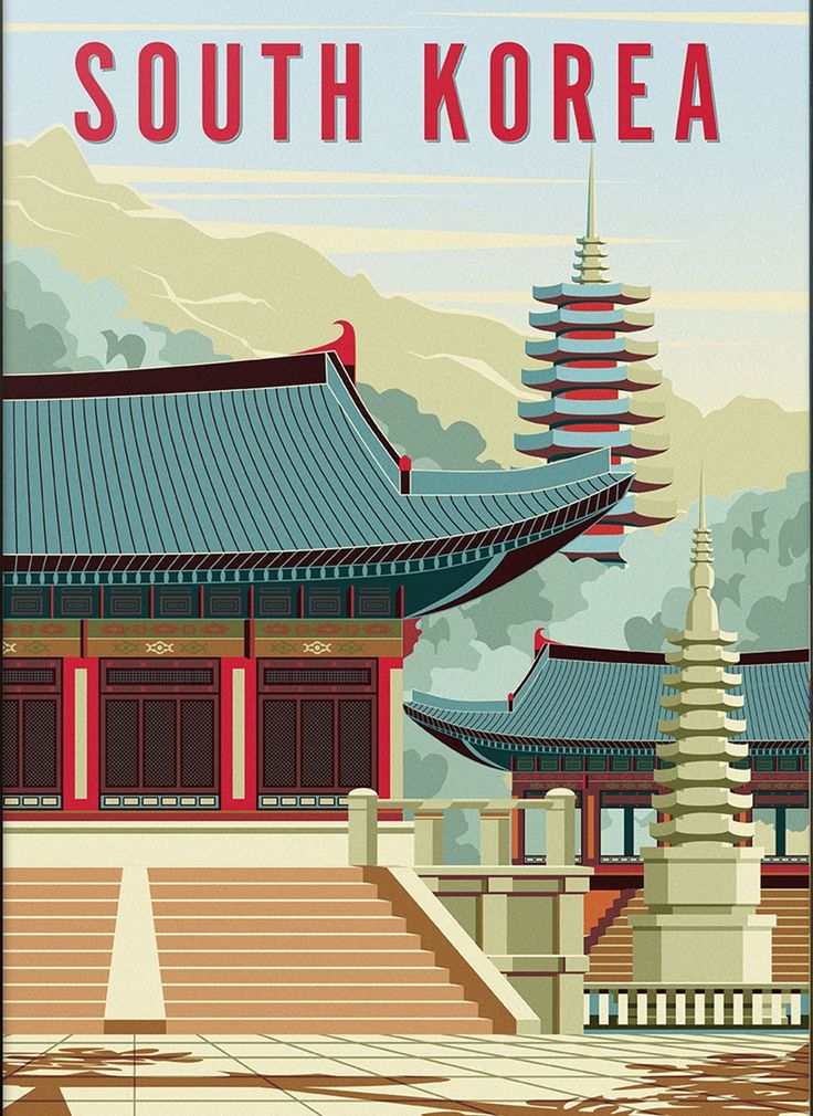 an illustration of the south korea with pagodas and mountains in the background for travel poster