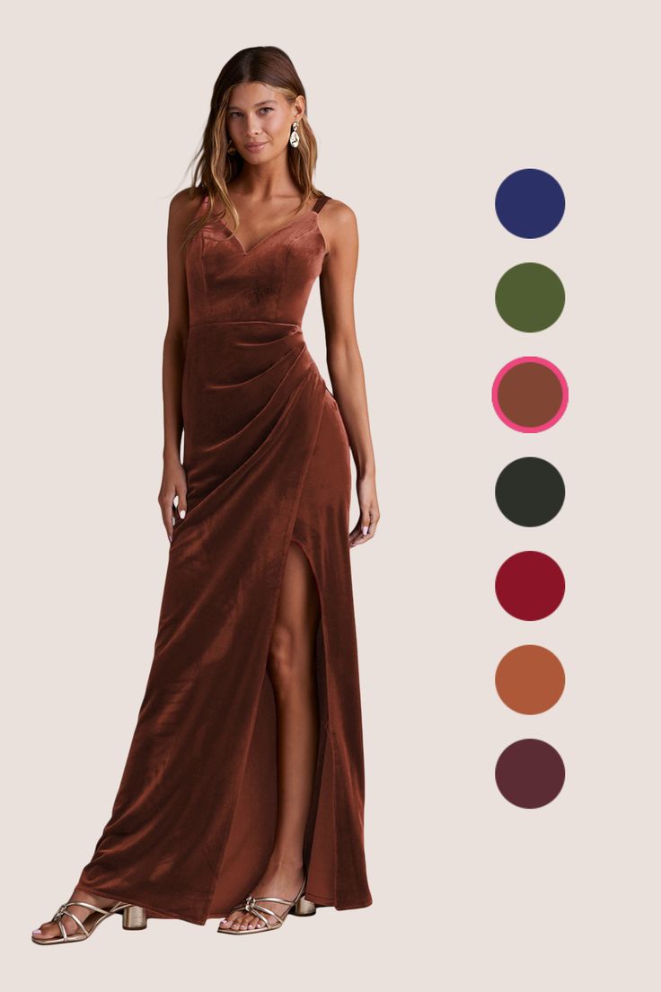 a woman in a long brown dress with different colors and shapes to choose from, including the