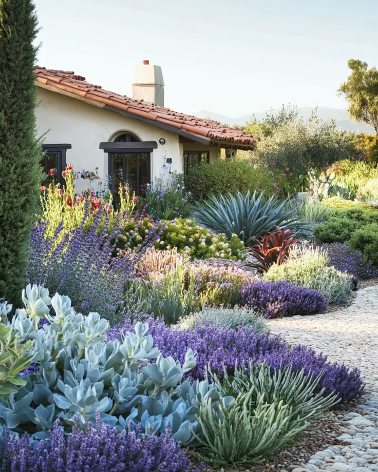 an outdoor garden with lots of plants and flowers on the side of the house,