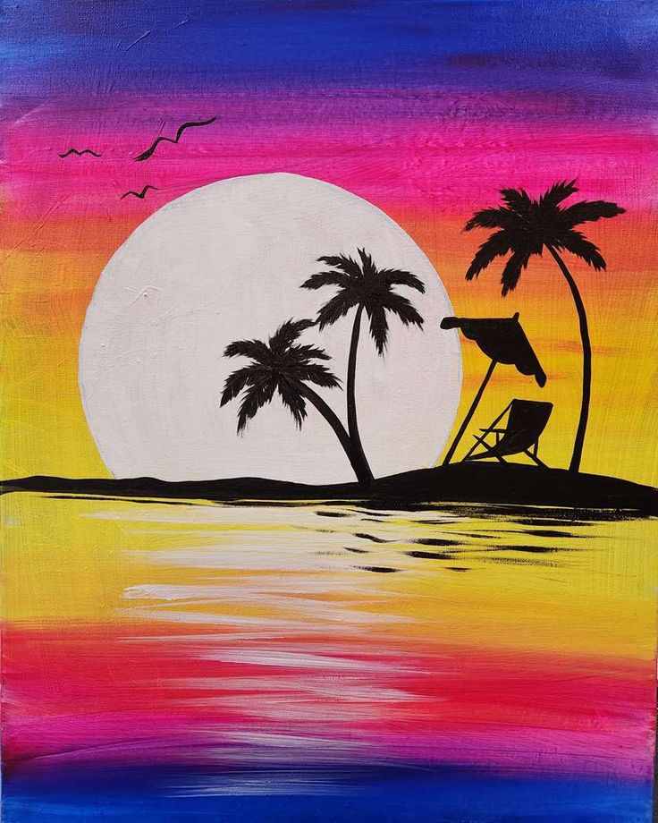 an acrylic painting of a sunset with palm trees and a beach chair in the foreground