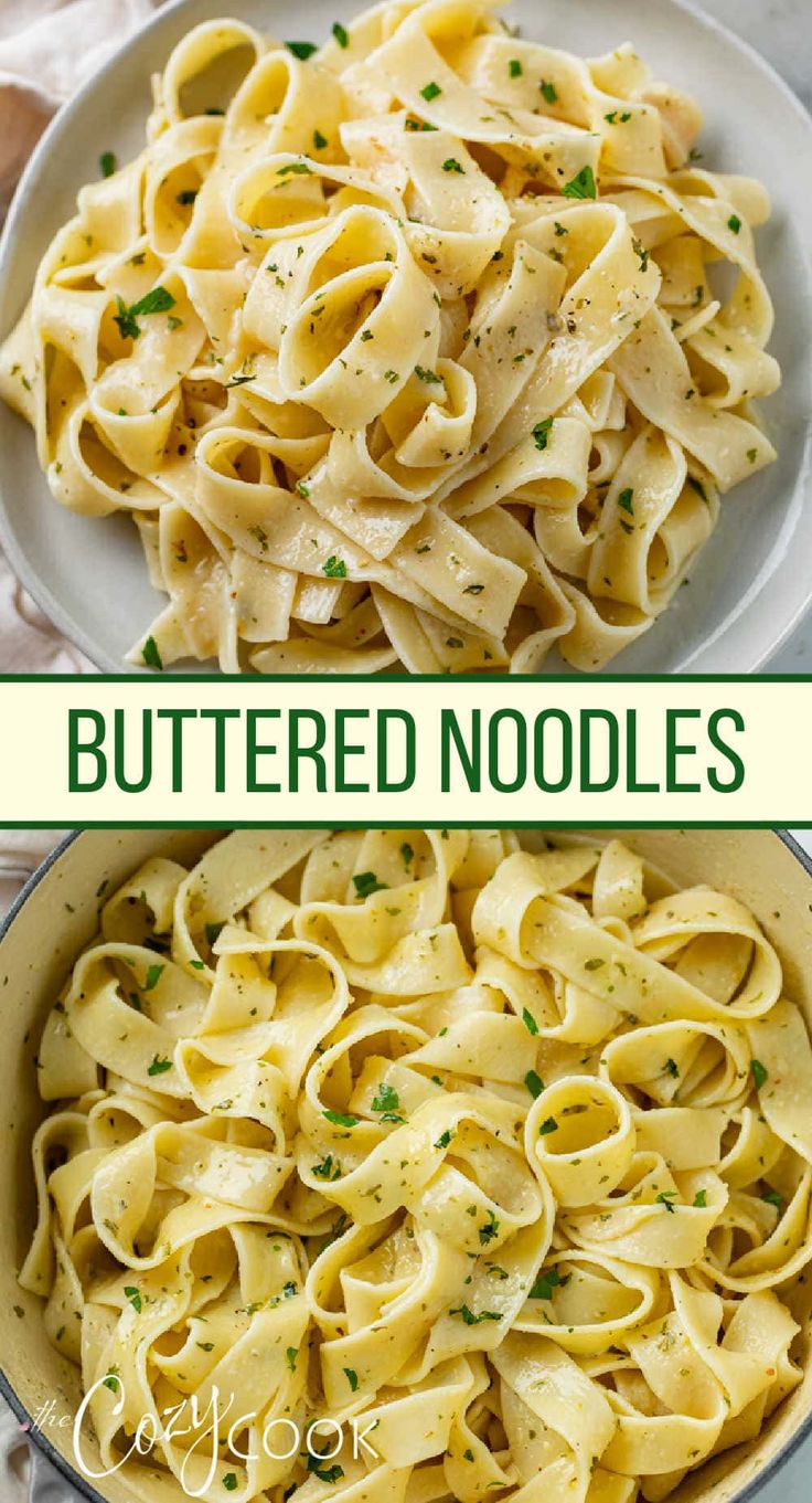 two pictures showing different types of buttered noodles