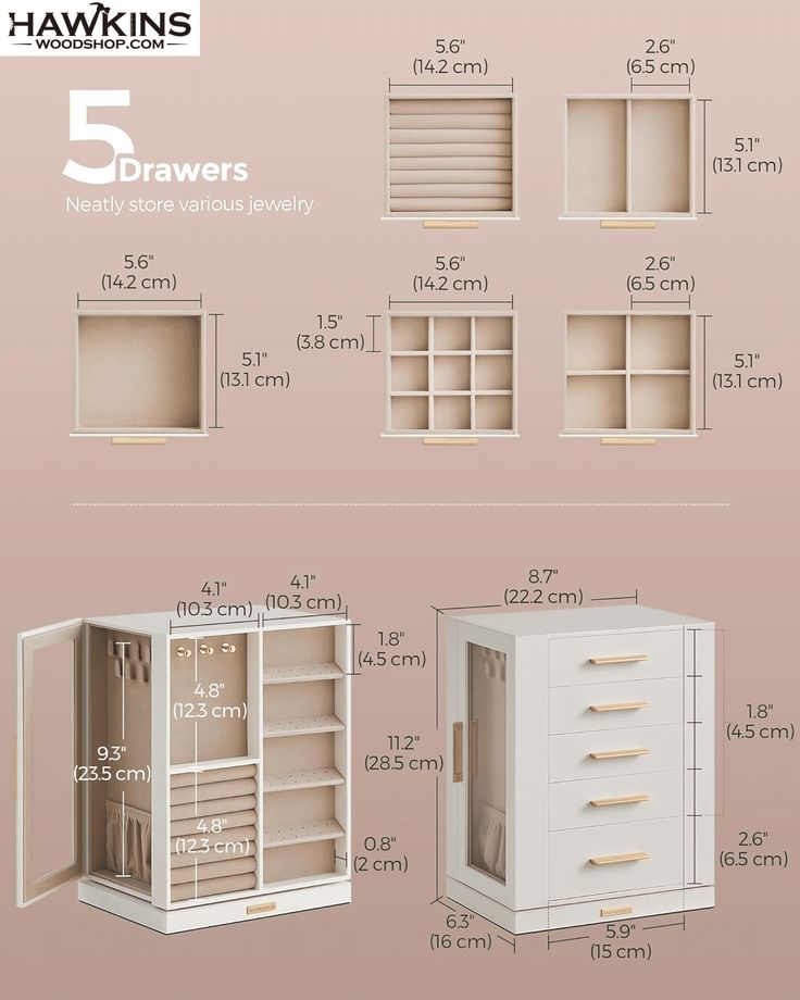 the measurements for an armoire with drawers and shelves in different sizes, shapes and colors