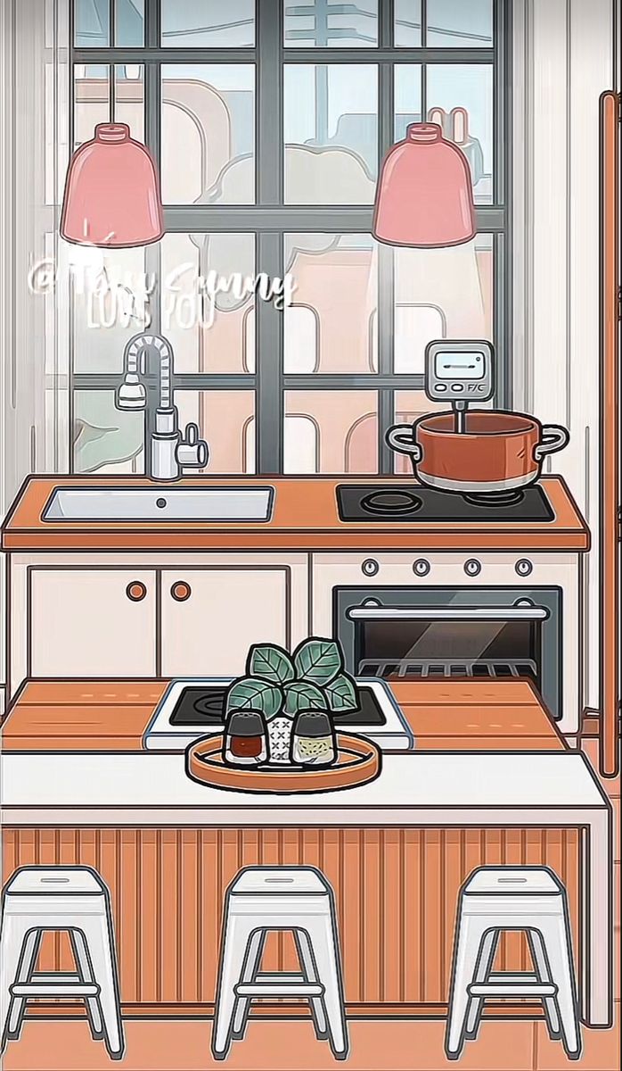 a kitchen scene with focus on the stove top and oven, as well as stools