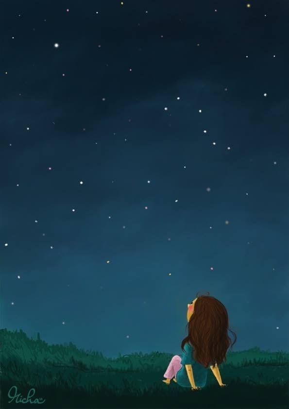 a girl looking up at the stars in the night sky