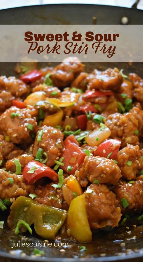 sweet and sour pork stir fry in a skillet