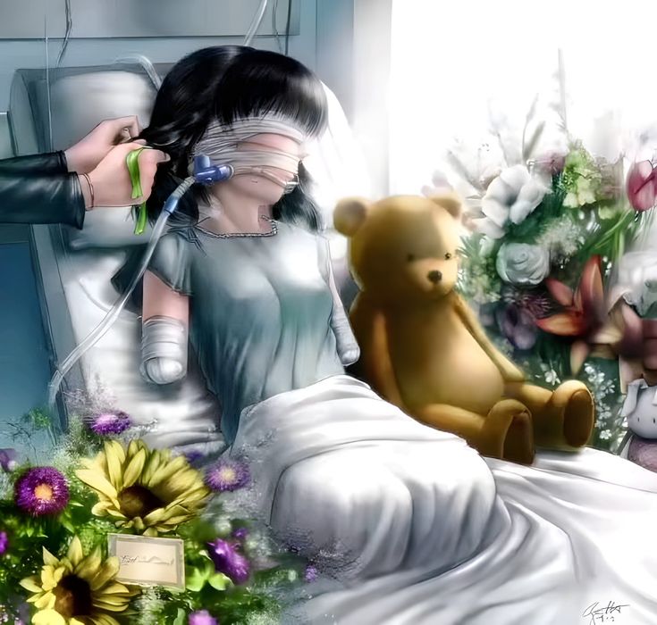 a painting of a woman in bed with a teddy bear and flowers on the floor