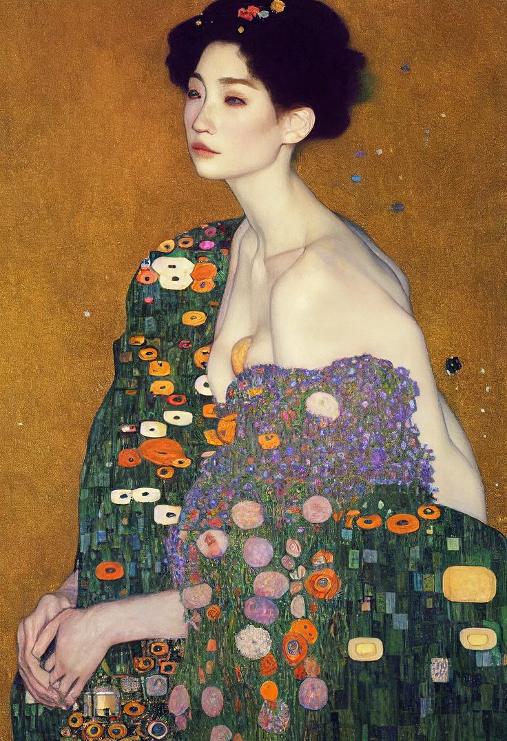 a painting of a woman with flowers in her hair and an elaborate green dress on