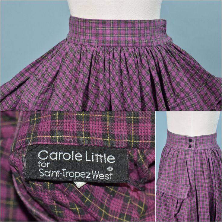 "Vintage 80s plaid skirt with very full skirt and large pockets on the front. Fitted waist with a 2\" waistband. Snap closure on the band, one-button concealed below that for closure. So cute to add to your prairie or Boho collection. *The knit top is NOT included in this sale. It is available in a separate listing. LABEL: Carol Little, San Trope West. SIZE: Refer to measurements for an accurate fit. All sizes are approximate. Waist: 24\" Waitband: 2\" wide Hip: free Length: 31\" Mannequin measu Vintage Plaid Full Skirt, Vintage Plaid Cotton Skirt, Retro Plaid Cotton Skirt, Retro Plaid Full Skirt, Retro Full Skirt In Plaid, Retro Full Plaid Skirt, Fitted Vintage Plaid Skirt, Rockabilly Skirt, Skirt Grunge