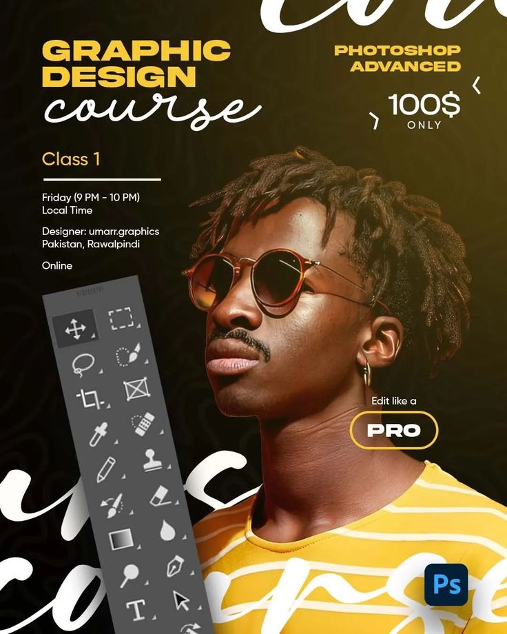 an advertisement for graphic design course with a man wearing sunglasses and yellow striped t - shirt