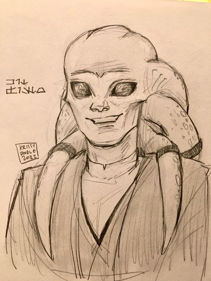 a drawing of an alien with big eyes and a scarf around his neck is shown