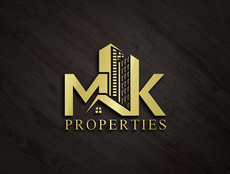 the m k properties logo on a dark background with gold letters and a building in the middle