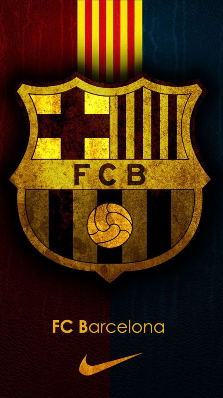 the barcelona fc logo is shown in gold and black on a red, yellow and blue background