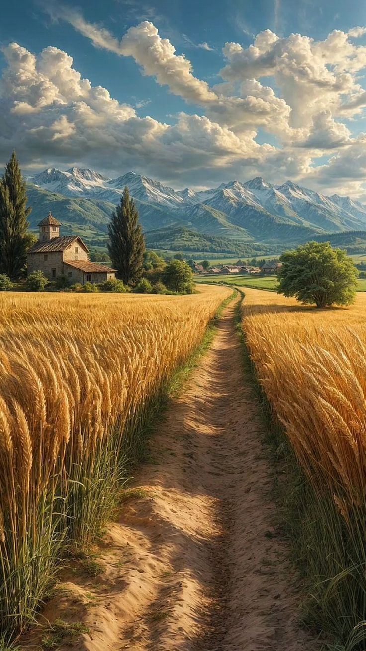 a painting of a dirt path leading to a house in the middle of a wheat field