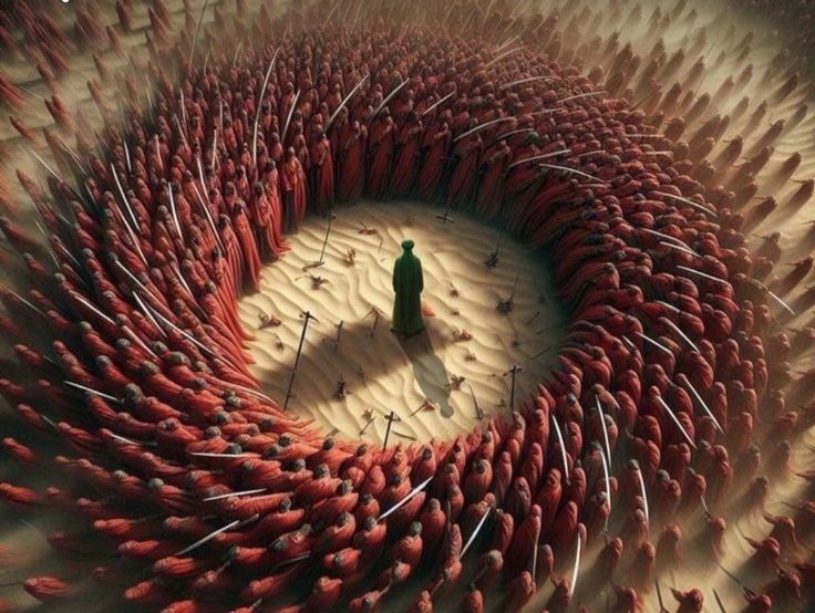 a man standing in the middle of a circle of red objects with needles sticking out of it