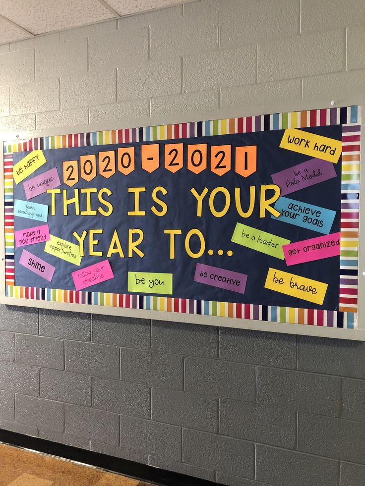 a bulletin board that has been decorated with post it notes and colorful writing on it