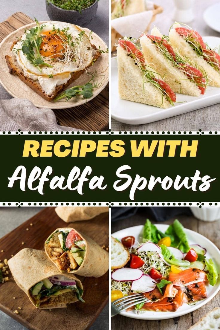 different types of food on plates with the words recipes with alfalfa sprouts