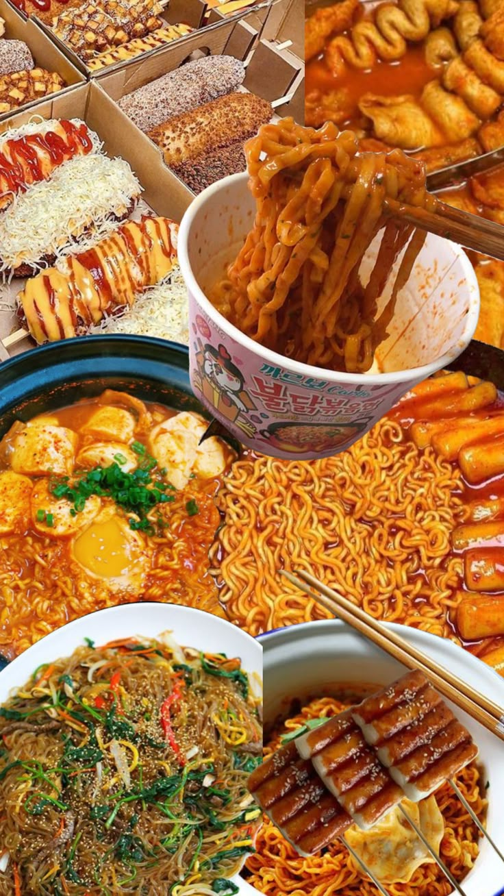 many different types of food on display in bowls and trays with chopsticks