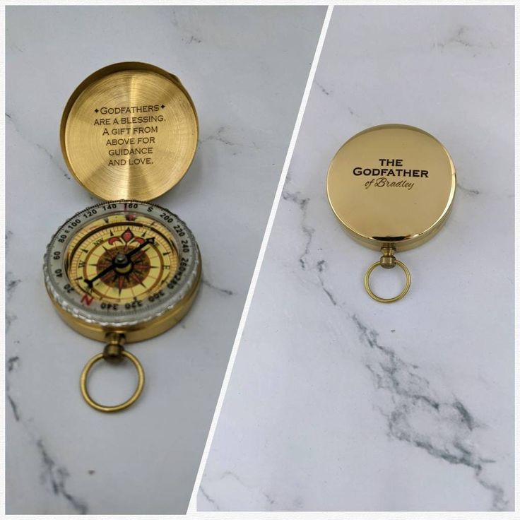 two different views of a compass keychain and the same one has a gold case