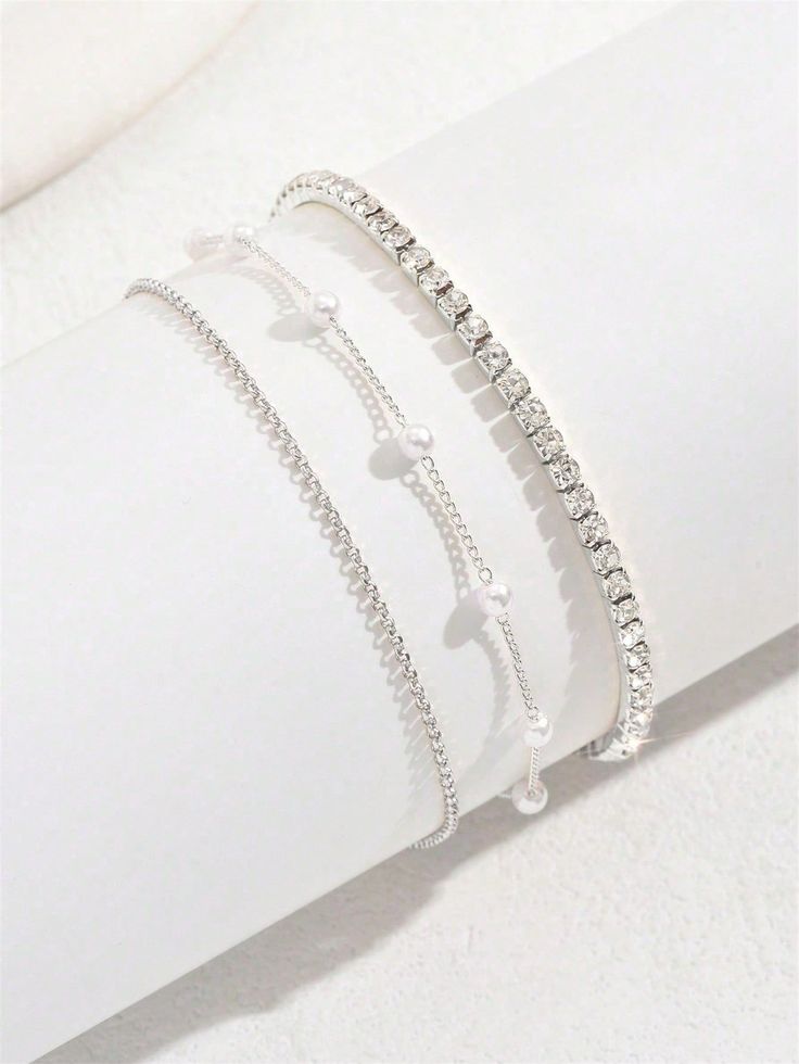 3pcs Set Of Elegant Lady Style Silver Color Single-Row Rhinestone Elastic Bracelet, Plastic Pearl Bracelet And Stainless Steel Bracelet, Summer Jewelry, Adjustable Size, Great Gift For Girlfriend, Wife, Mother, Friends Silver Fashionable   Stainless Steel     Women Fashion Jewelry, size features are:Bust: ,Length: ,Sleeve Length: Bracelet Summer, Teen Jewelry, Fashionable Jewelry, Bridesmaid Bracelet, Elastic Bracelet, Summer Jewelry, Adjustable Bracelet, Steel Bracelet, Cute Jewelry