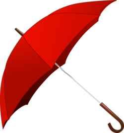 an open red umbrella with a wooden handle on a white background for use in advertising purposes