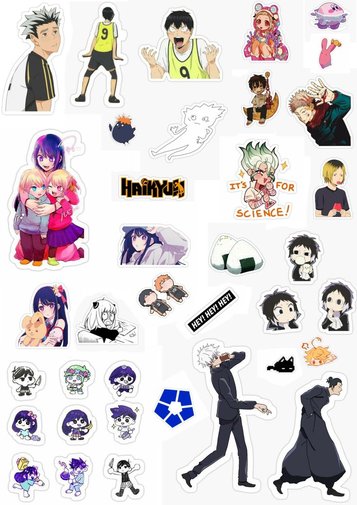 various stickers and decals are shown in this image, including one with an anime character